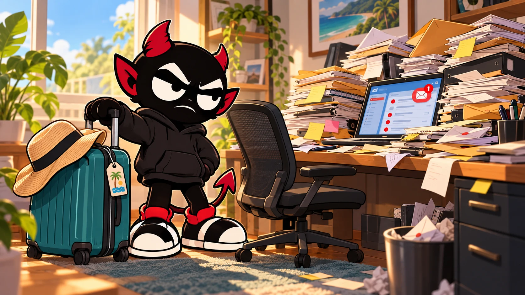 Spite returns with a suitcase and sunhat to a desk buried in paperwork and unread messages.