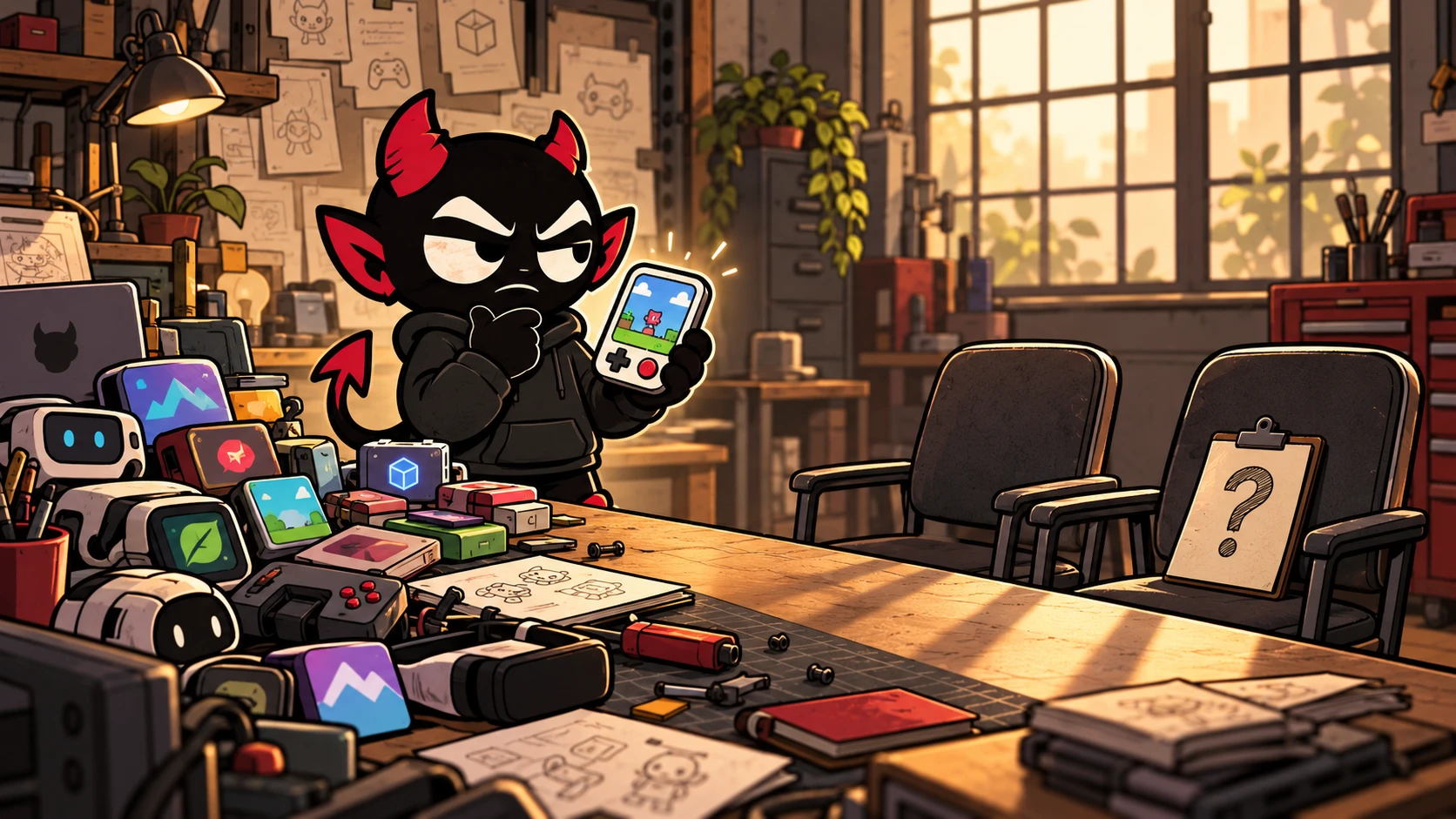 Spite holds a game prototype at a workbench crowded with gadgets, looking toward empty customer-testing chairs and a clipboard with a question mark.