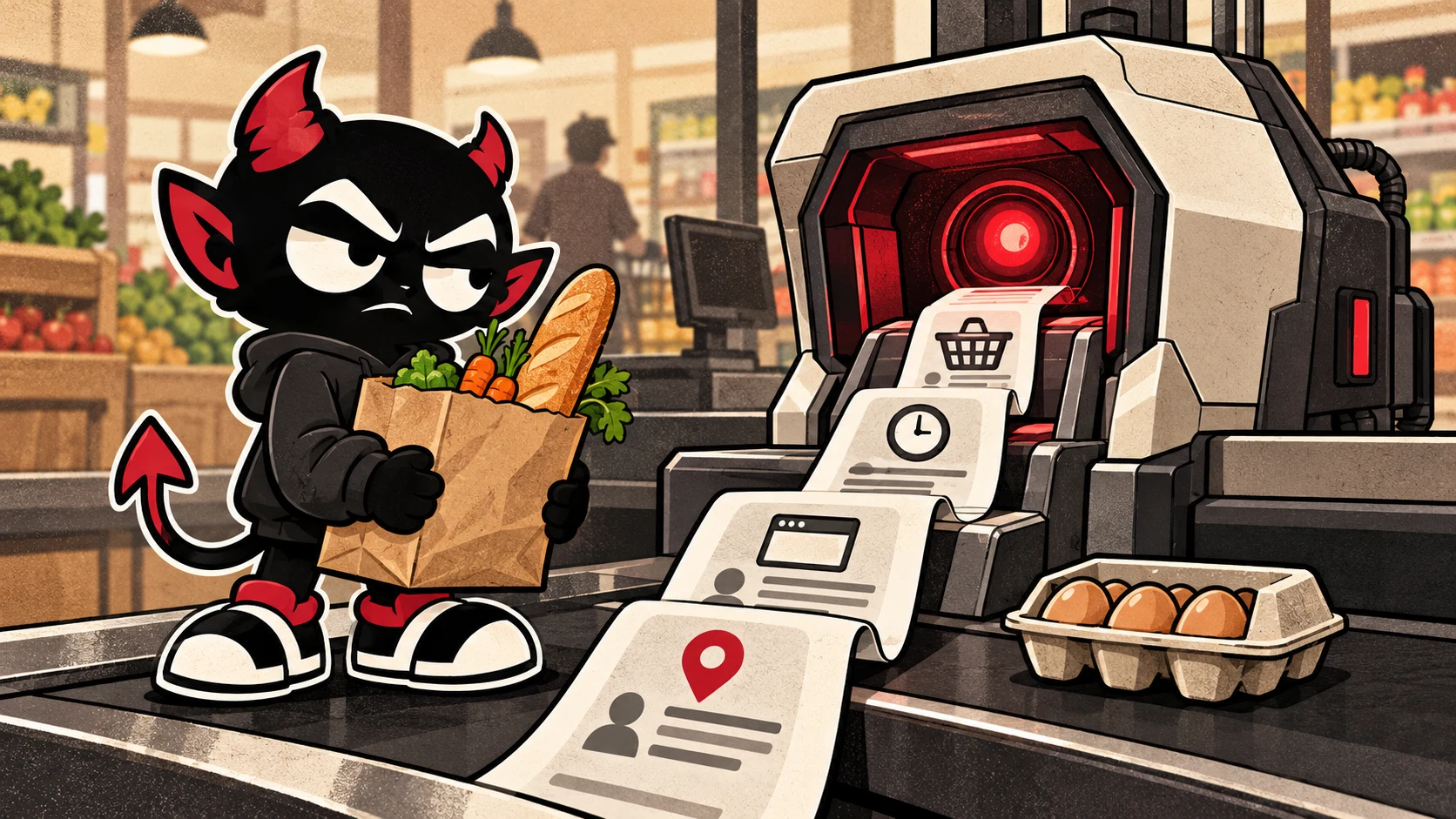 Spite holds a grocery bag beside an oversized checkout scanner processing personal-profile cards while a carton of eggs waits on the counter.