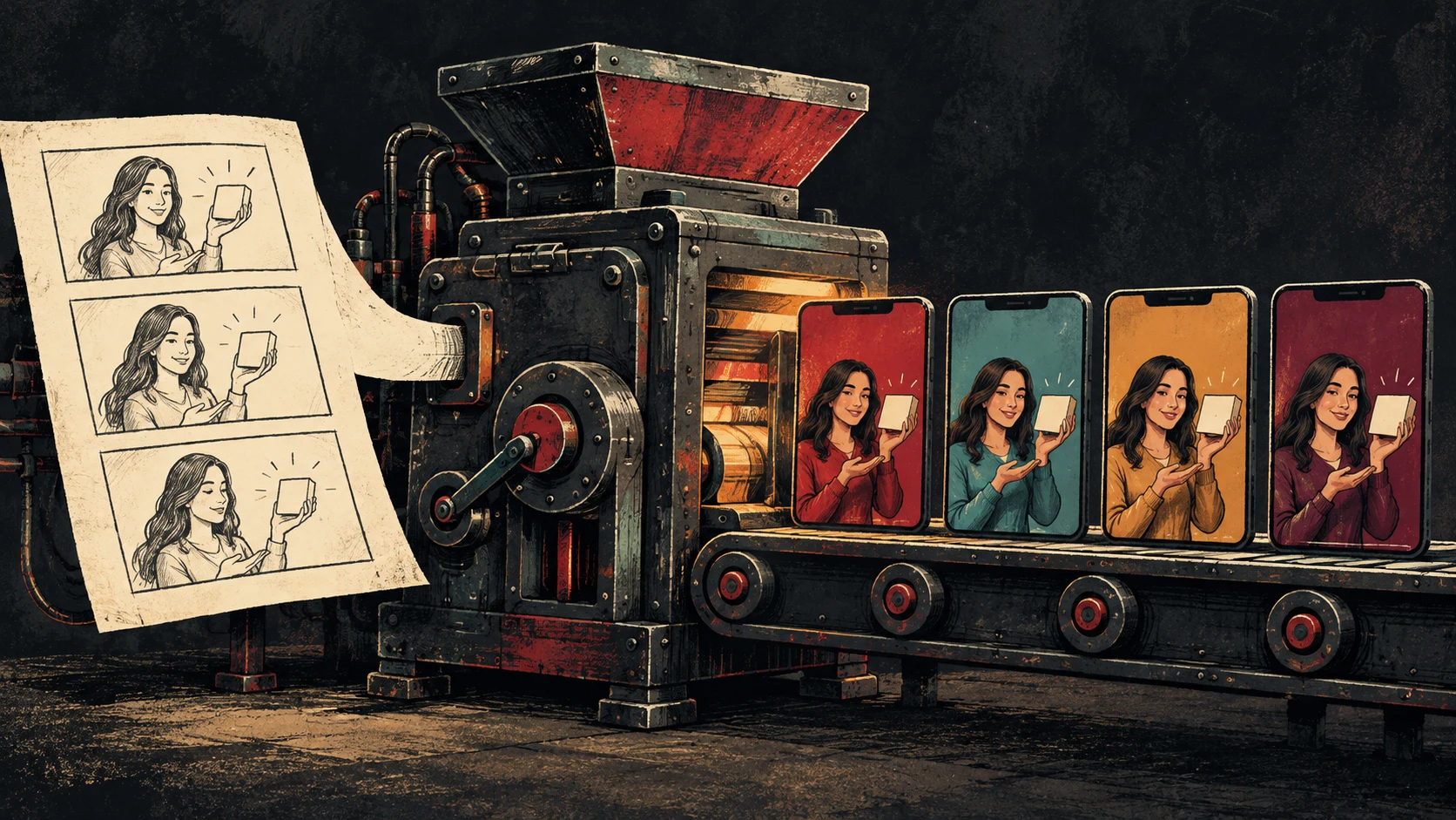 A storyboard feeds into a mechanical production line that outputs four matching product videos with different colored clothing and backgrounds.
