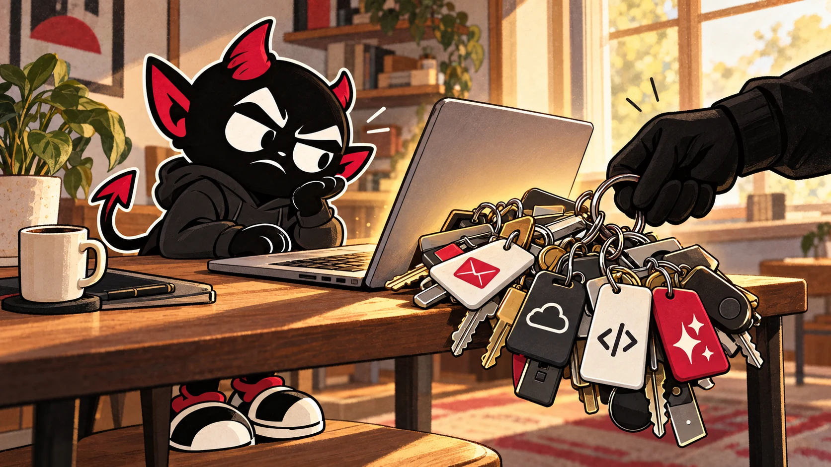 Spite notices a gloved hand taking an oversized ring of keys and email, cloud, code and AI access passes from beside his open laptop.